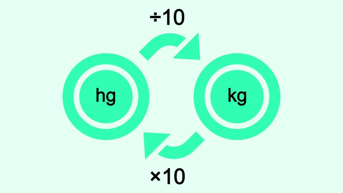 Bilden visar hur man omvandlar hektogram (hg) till kilogram (kg) och vice versa.